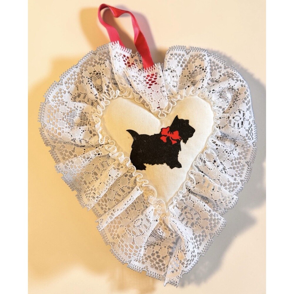 Vintage Scottie Dog Heart Valentine handmade Pillow ornament lace